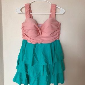 Turquoise and pink swim top